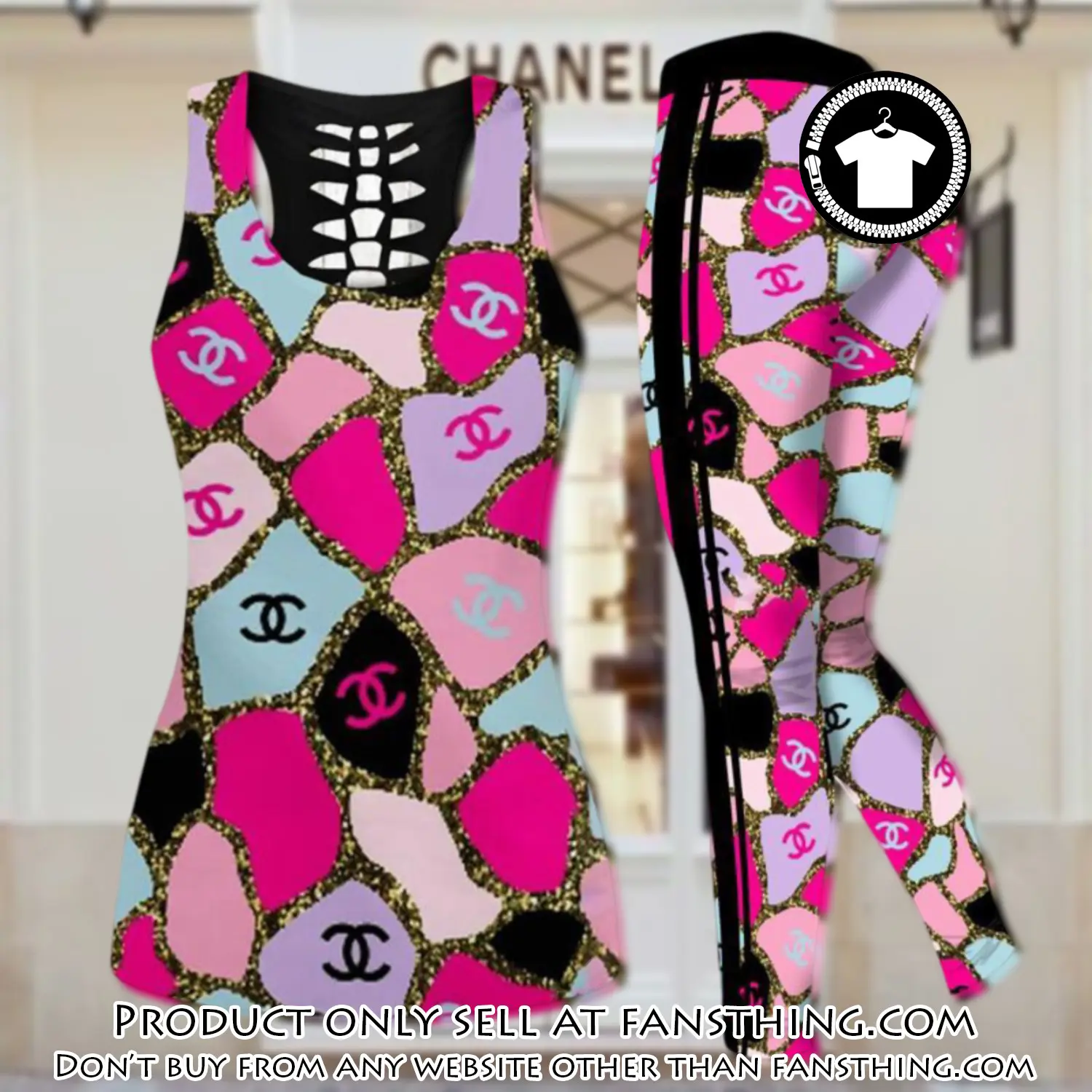 Chanel pink tank top leggings set luxury brand for women yoga gym fst5909147